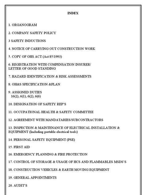 Index Of Safety File Pdf Occupational Safety And Health Prevention