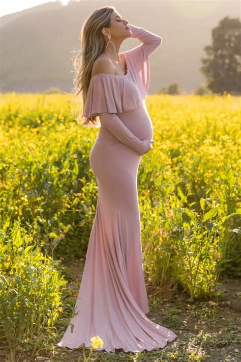 Mauve Off Shoulder Ruffle Maternity Photoshoot Gowndress In 2020 Off Shoulder Maternity Dress