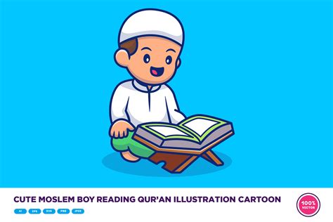 Cute Moslem Boy Reading Quran Cartoon Graphic By Catalyststuff