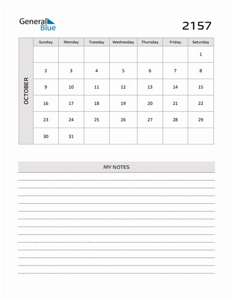 October 2157 Calendars Pdf Word Excel