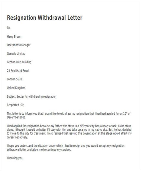 Resignation Withdrawal Letter Format Sample Inside Riset