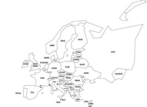 Simplified Europe Political Map With Black Wireframe Outline And Labels