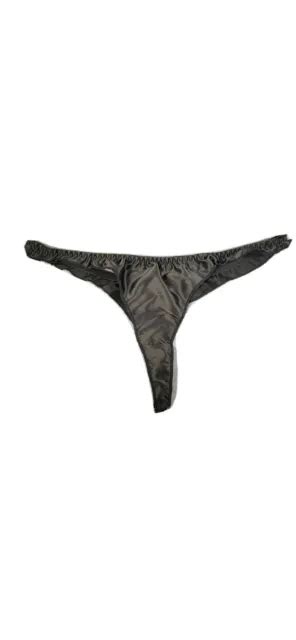 Vtg Cut Shiny Liquid Satin Black Flutter String Bikini Thong Panty Sz L