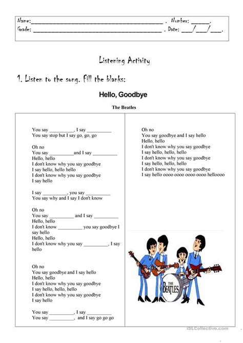 Hello Goodbye The Beatles English Esl Worksheets For Distance