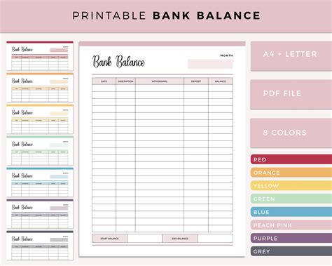 Printable Bank Balance Sheet Savings Tracker Banking Record Etsy India