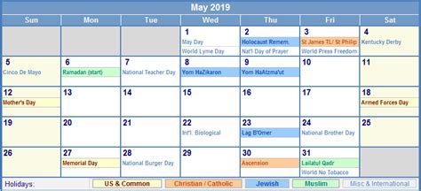 2019 (mmxix) was a common year starting on tuesday of the gregorian calendar, the 2019th year of the common era (ce) and anno domini (ad) designations, the 19th year of the 3rd millennium. May 2019 Calendar with Holidays - as Picture