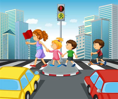 Children Crossing Street In City 368119 Vector Art At Vecteezy