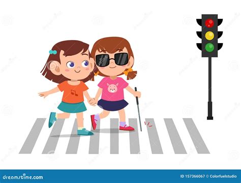 Kid Girl Help Blind Friend Cross Road Stock Illustration Illustration
