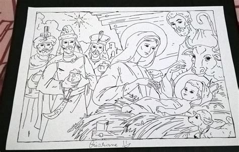 Linear drawing of birth of jesus christ scene in cross shape in a classic decorative frame. ArtStation - Birth drawing of Jesus Christ., Cristiane ...