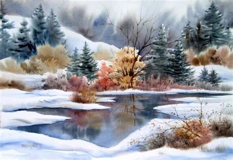 Montana Winter Lake Watercolor Scenery Watercolor Landscape