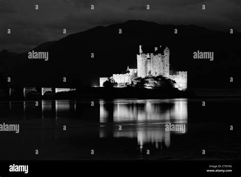 Black And White Photo Of Eilean Donan Castle On Loch Duich At Twilight
