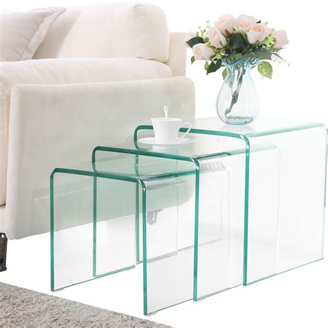 Modern Design Nest Of 3 Clear Glass Coffee Table Side End