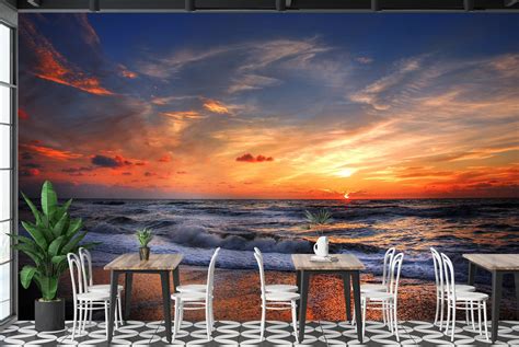 Ocean Waves Shore Sunset Wall Mural Wallpaper