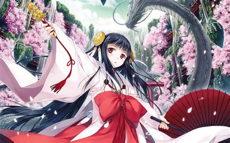 Anime Miko Dragon Cherry Blossom Anime Girls Original Characters