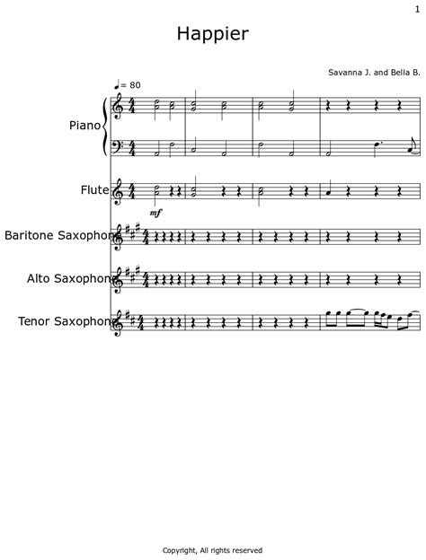 Happier Sheet Music For Piano Flute Baritone Saxophone Alto Saxophone Tenor Saxophone