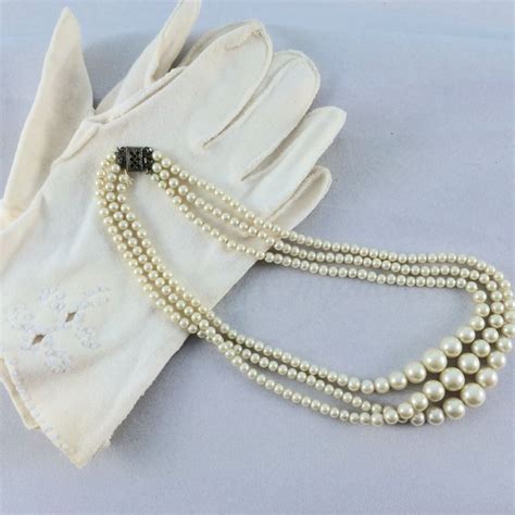 Three Strand White Graduated Faux Pearl Necklace With Filigree Box