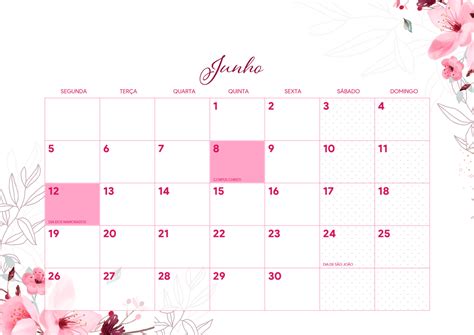 Calendario 2023 Floral Rosa Junho Fazendo A Nossa Festa