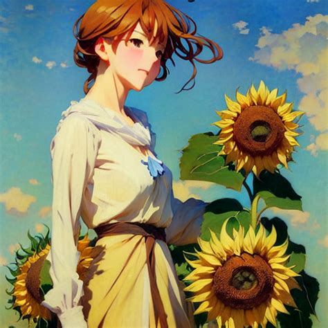 Prompthunt Beautiful Sunflower Anime Girl Krenz Cushart Mucha