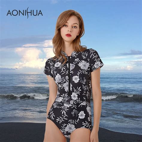 aonihua swimsuit women 1 one piece short sleeve bodysuit african printed beach wear slim black