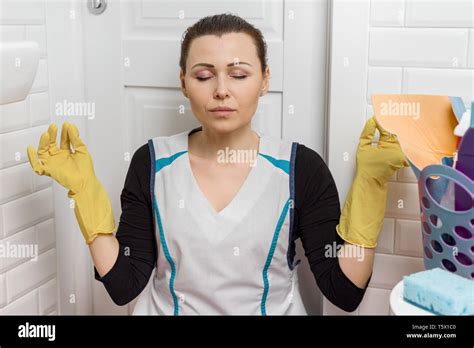 Tired Adult Woman Cleaning Bathroom Toilet Room Woman Closing Her Eyes