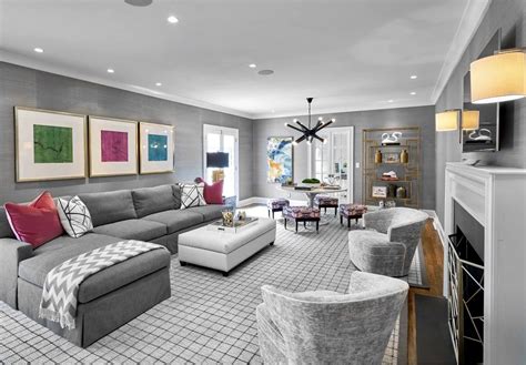 Midcentury Monochromatic Grey Living Room Decor With Grey Sofa Grey