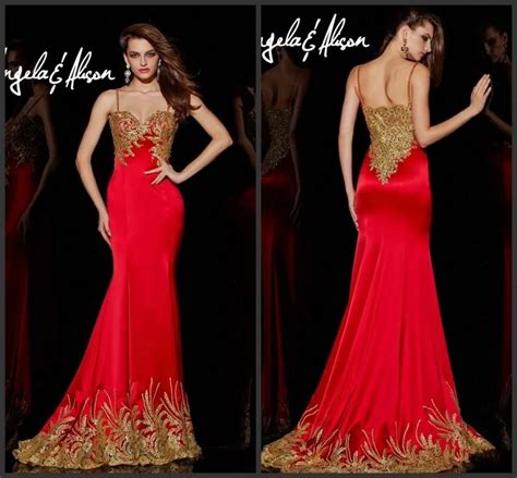 2015 Elegant Mermaid Red Satin Formal Evening Dress Gold Sequins