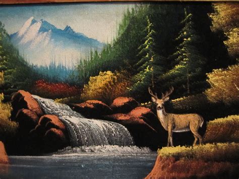 Rustic Framed Oil On Velvet Painting Nature Scene Mountains
