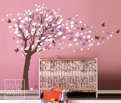 Flower Tree Wall Decal Tree And Butterflies In The Wind Wall Etsy