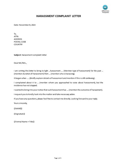 Download Workplace Harassment Complaint Letter Excel Template Zohal