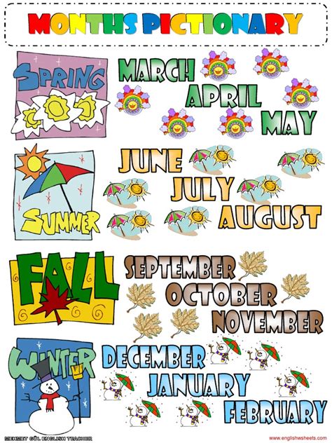 Months Of The Year Seasons Theme Vocabulary Pictionary Poster Worksheet