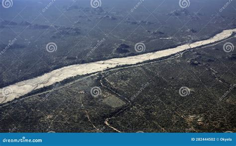 Top View Of The Dry Bed Of The Shashe River Delimiting The Territories