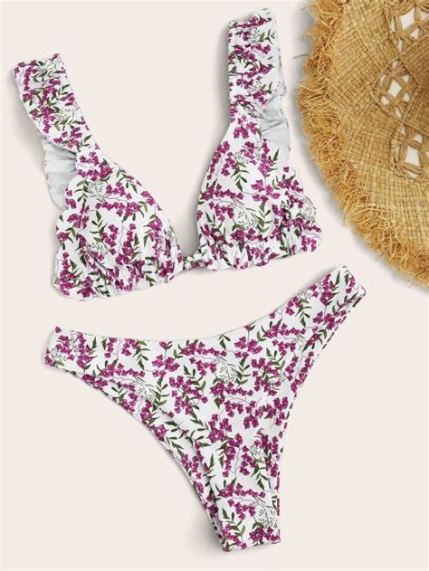 Floral Ruffle Triangle High Leg Bikini Swimsuit