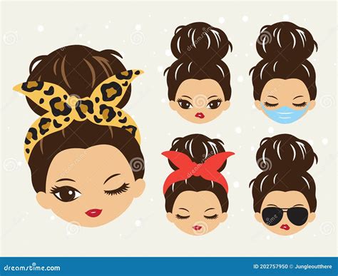 Cute Girls With Messy Bun And Bandana Hairstyle Vector Stock Vector