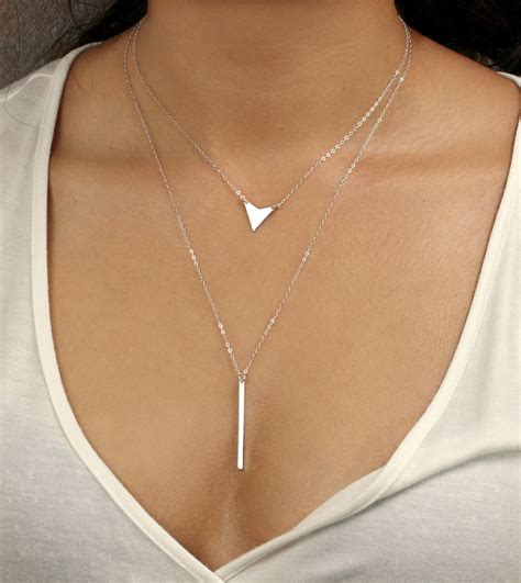 Silver Layered Necklace With Long Skinny Vertical Bar