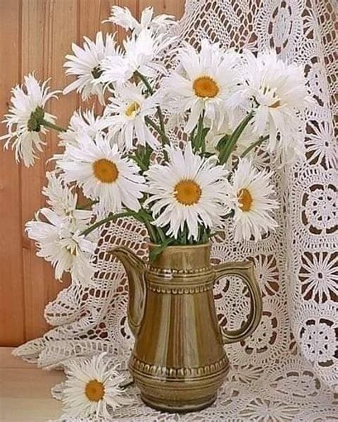 A Vase Filled With White Daisies Sitting On Top Of A Lace Covered Table