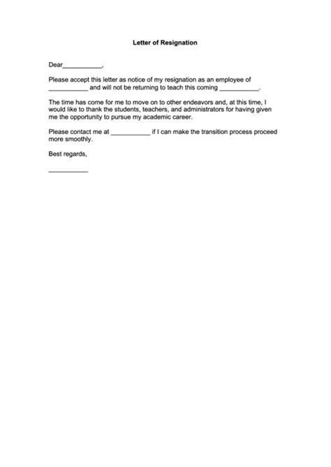 Fillable Teacher Resignation Letter Template Printable Pdf Download