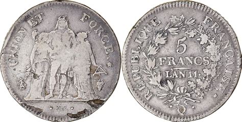 France 5 Francs An 11 Q Coin Union Et Force Perpignan Silver Vf30