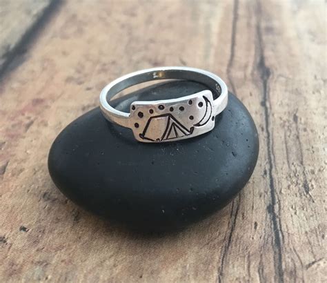 Camping Ring Hand Stamped Sterling Silver Tent Moon And Etsy Metal