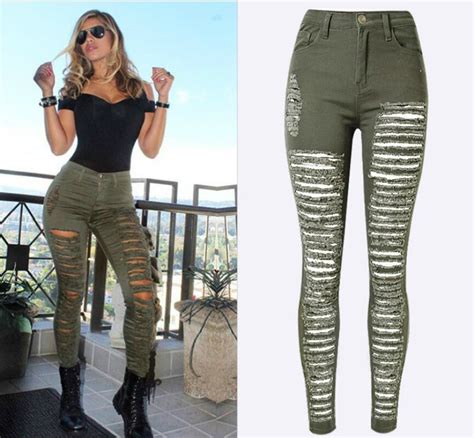 army green fashion high waist skinny jeans women hollow out hole ripped jeans femme push up