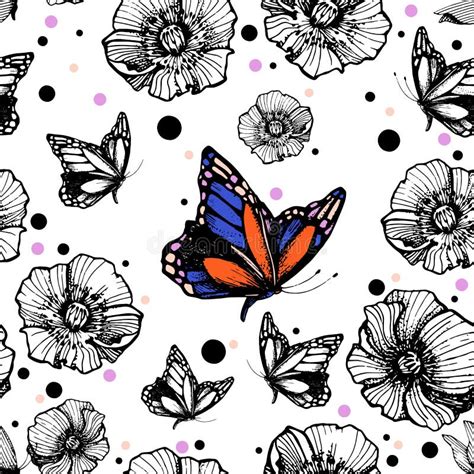 Seamless Pattern With Butterflies And Flowers Graphic Black And White