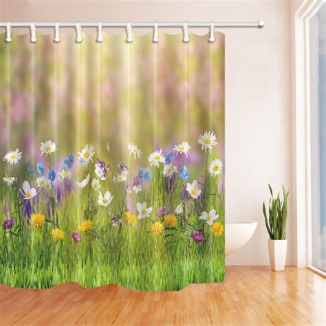 Meadow Shower Curtain Beautiful Nature Meadow Green Grass Colorful Flowers White Yellow Purple
