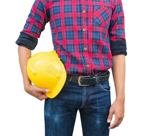 Engineer Hold Yellow Safety Helmet Plastic Construction Concept