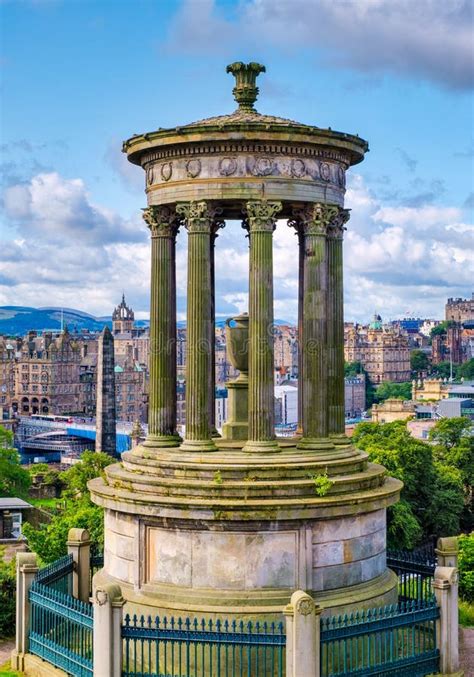 Dugald Stewart Monument And Cannon On Calton Hill Mountain In