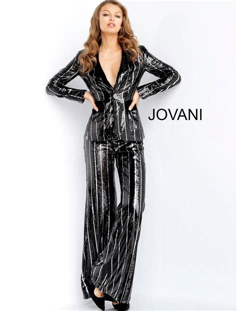 Jovani 54671 Black Silver Sequin Stripe Flared Pant Suit In 2020