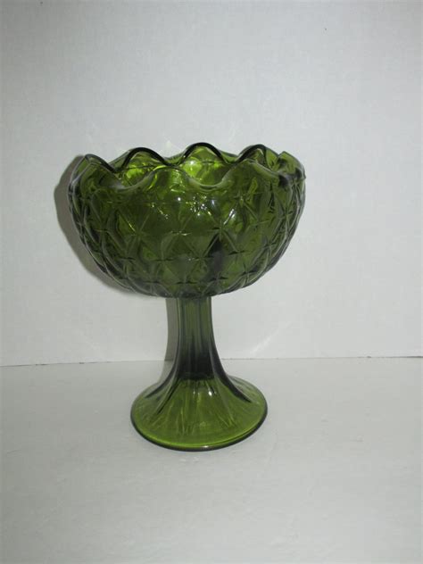 vintage olive green glass pedestal bowl candy dish
