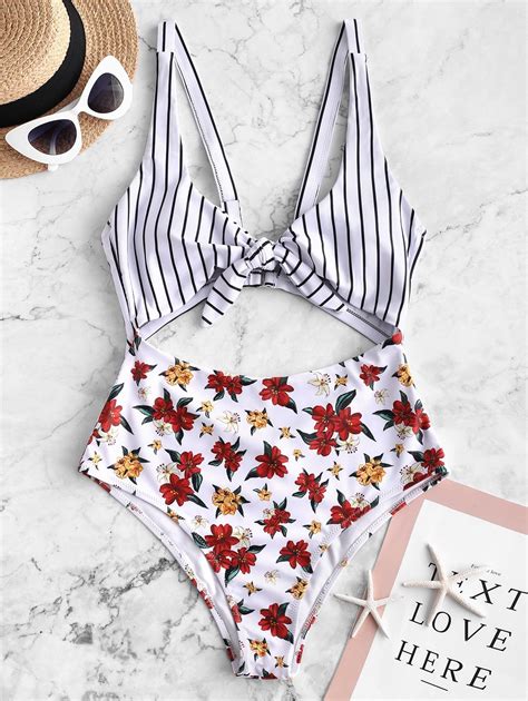 37 Off 2021 Zaful Flower Striped Tied Monokini Traje De Baño En