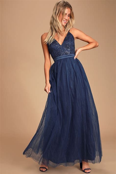 Lovely Navy Blue Maxi Dress Sequin Dress Tulle Maxi Dress Lulus