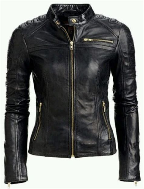 Sleek black leather jacket with gold hardwarde. Leather Skin Women Black Shoulder Padded Gold Zippers ...