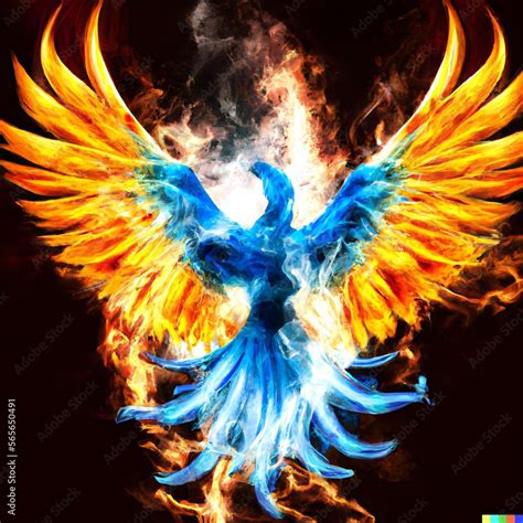 Phoenix With Blue Wings Emerging From Fire Rebirth Enlightenment