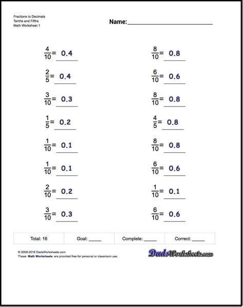 Fraction To Decimal Worksheet Grade 7